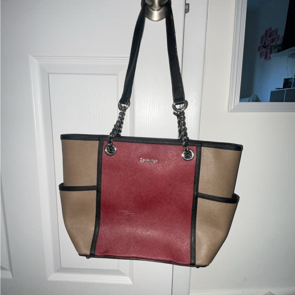 Calvin Klein Red and Tan Tote Bag